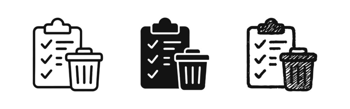 Checklist with trash bin delete icon set in three styles: outline, solid, and hand-drawn sketch