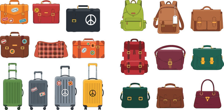 Travel luggage and bags collection flat vector illustration set with suitcases backpacks handbags briefcases and travel accessories isolated on light background