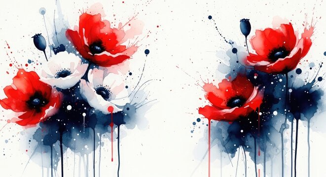 Watercolor poppies a diptych of vibrant red and white floral art