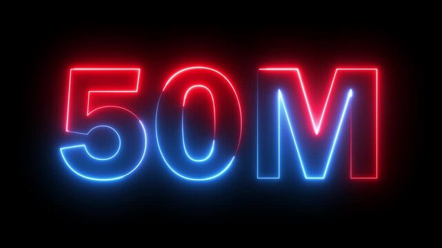 Neon number 50M million text icon animation glowing red and blue color celebration like comment share follower social media subscriber signboard template with black background