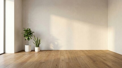 Fototapeta premium Bright sunlit minimalist room corner with a fiddle leaf fig and snake plant in white ceramic pots on light oak wood floors with soft window shadows on a neutral beige wall
