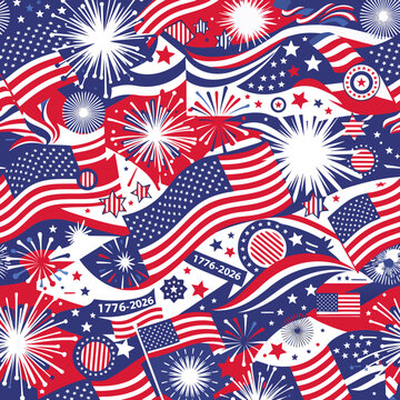 Patriotic American flags, fireworks, stars, Independence Day, 4th of July, vector seamless pattern