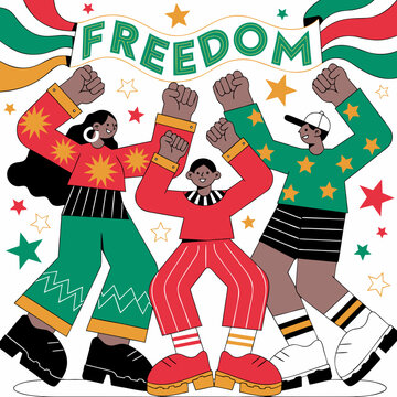 Diverse people celebrating freedom, raised fists, colorful illustration, equality and empowerment concept, Juneteenth and independence day vector graphics