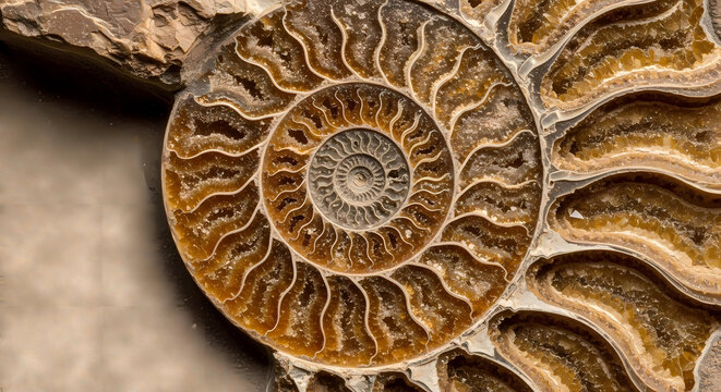 Macro Shot of Ancient Ammonite Fossil Showing Intricate Spiral Suture Patterns and Crystalline Cavities
