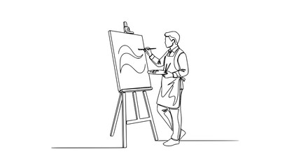 Artist Painting on Canvas One Line Continuous Vector Illustration © Munjurul