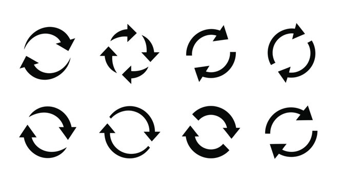 Collection of circular arrows showcasing various rotation directions silhouette
