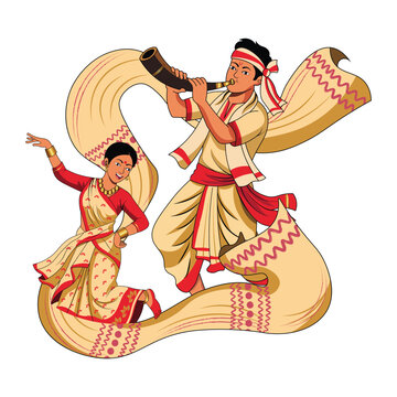 Assamese Bihu Folk Dance Couple with Pepa Traditional Rongali Bihu Festival Vector Illustration