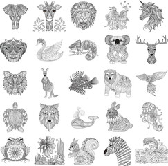 Collection of black and white animal illustrations in decorative style © nasimulpln