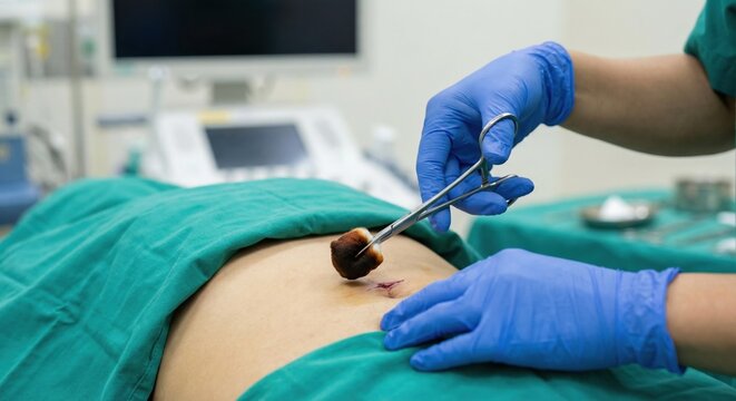 Surgeon hands cleaning abdominal incision with iodine