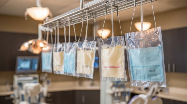 Focus on a dental outpatient procedure room showing sealed sterilization pouches with blurred autoclave equipment behind.