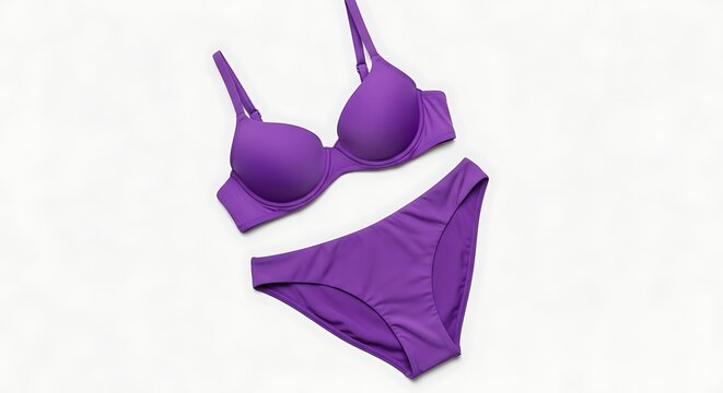 A vibrant purple two piece swimsuit including a molded cup bra and matching bikini bottoms is displayed on a white surface high-quality professional detailed modern