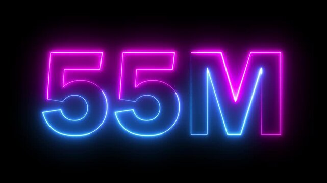 Neon number 55M million text icon animation glowing pink and blue color celebration like comment share follower social media subscriber signboard template with black background