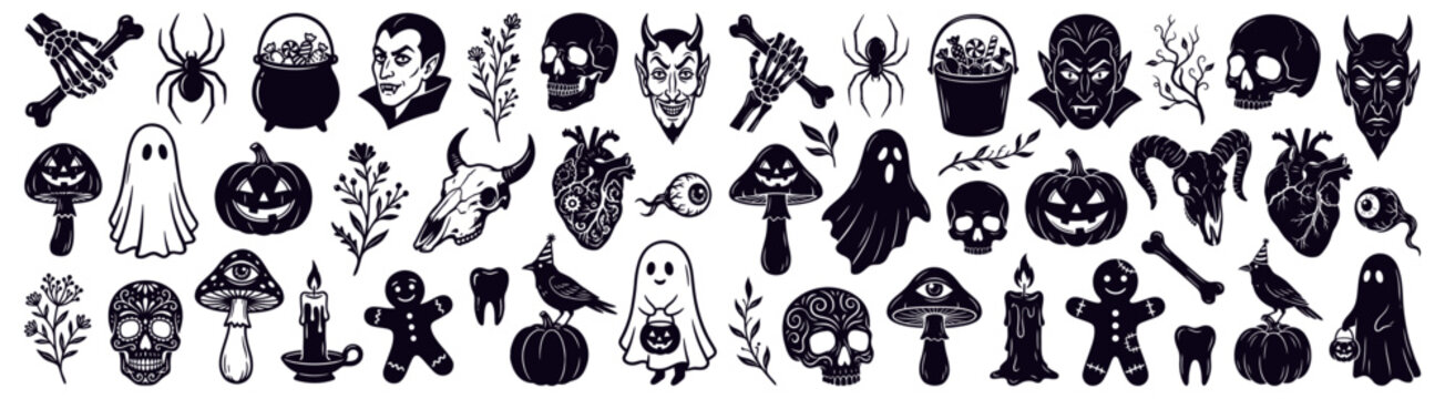 A collection of Halloween themed black and white graphic elements including ghosts pumpkins skulls vampires devils and spooky objects bone spider mushroom witch magic occult