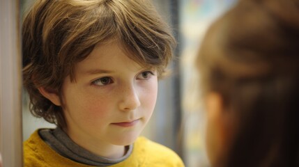 Obraz premium Medium shot of a learner intently watching their reflection for correct consonant sounds main subject crisp against an outoffocus environment.