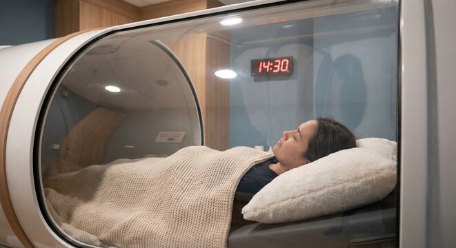 Woman resting in modern hyperbaric oxygen therapy chamber