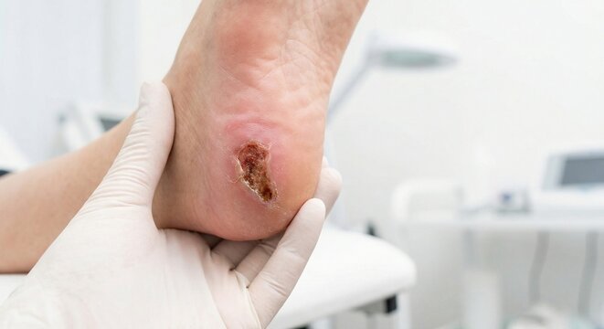 Medical professional examining healing heel ulcer