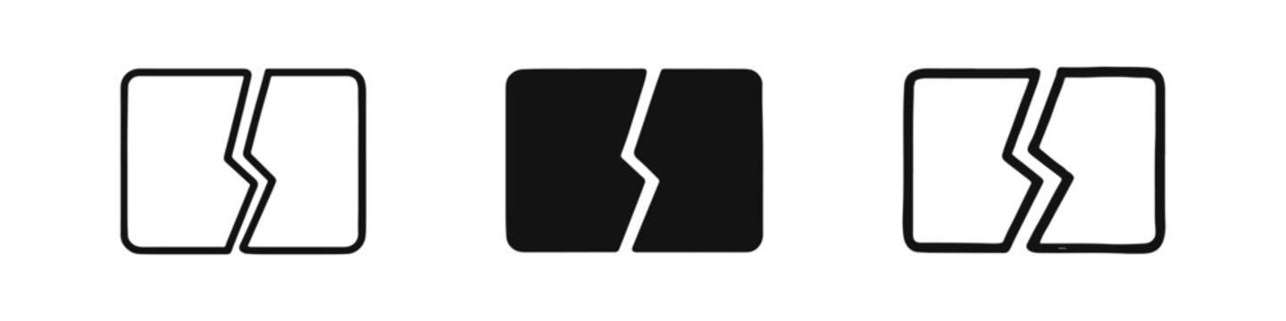 Broken Credit Card Icon Set. Cracked ID Card or Bank Card Symbol in Outline, Solid, and Hand-Drawn Styles