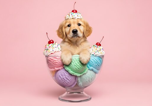 Golden retriever puppy in a sundae glass with ice cream colorful strawberry sweetness confection