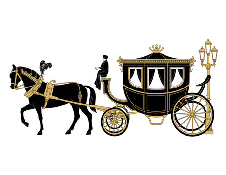 Elegant vintage horse-drawn carriage with two black horses and a coachman Vector