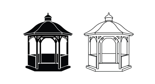 Two gazebo designs one filled and one outlined a black silhouette