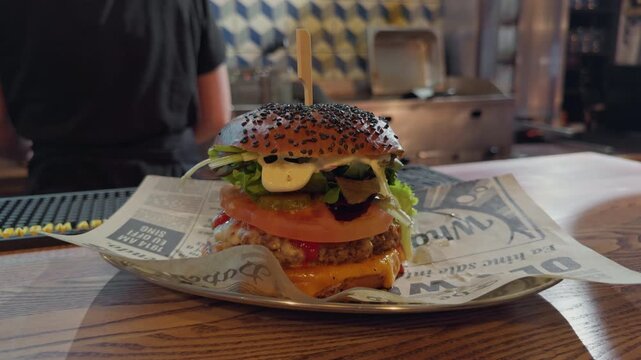 Layered sesame burger elements at fast food joint