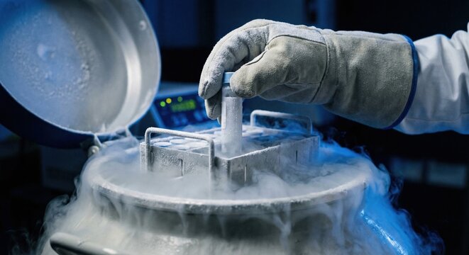 Researcher retrieving a frozen sample from cryogenic storage