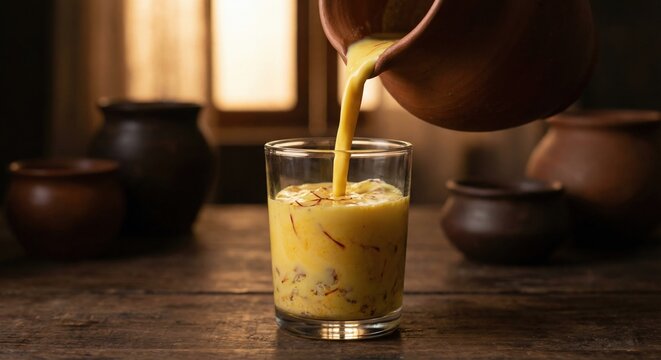 Pouring golden saffron kesar milk into glass on rustic table