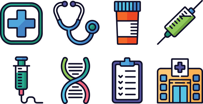Medical healthcare hospital icon set colorful flat vector collection for medicine equipment syringe dna pharmacy treatment concepts design