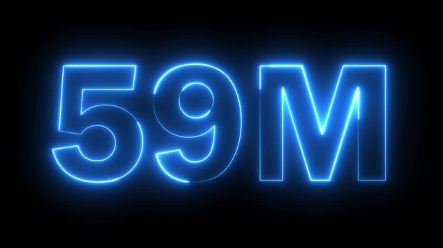 Neon number 59M million text icon animation glowing blue color celebration like comment share follower social media subscriber signboard template with black background