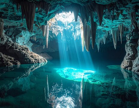 Cueva m&aacute;gica con laguna turquesa interior iluminada por abertura natural en el techo
