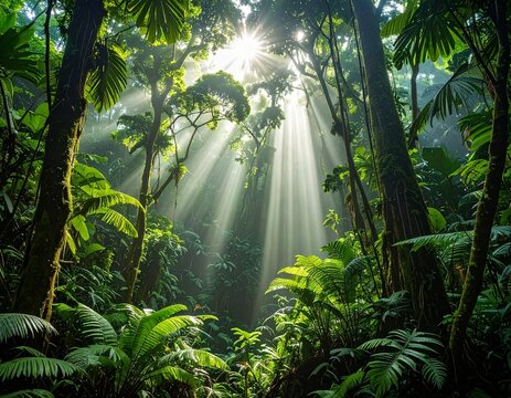  Dosel de selva tropical con rayos de luz cenital entre follaje verde exuberante y helechos