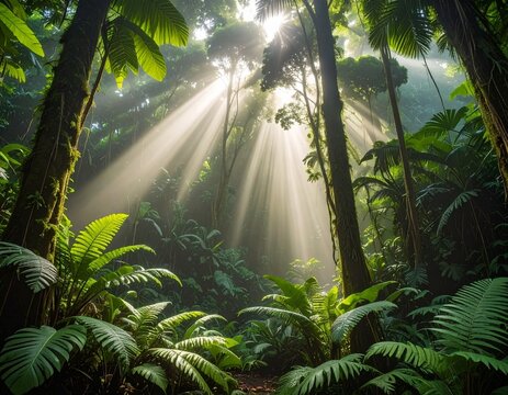  Dosel de selva tropical con rayos de luz cenital entre follaje verde exuberante y helechos