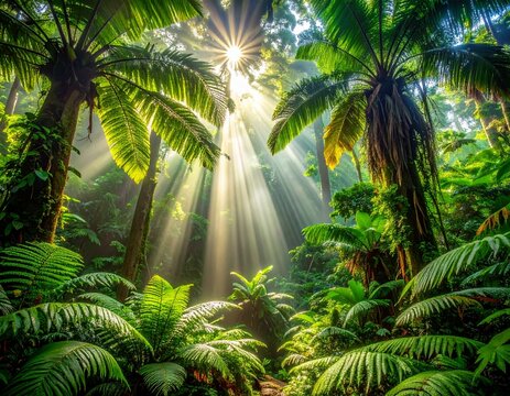  Dosel de selva tropical con rayos de luz cenital entre follaje verde exuberante y helechos