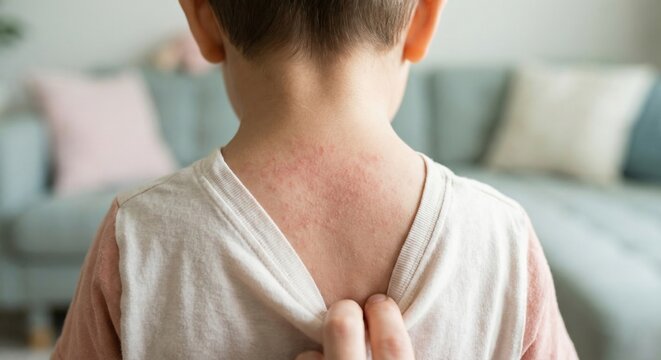 Child with red heat rash skin irritation on back