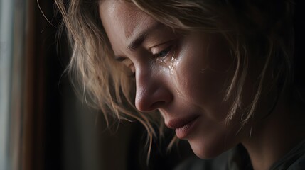 Fototapeta premium Emotional portrait of a woman crying in dim, natural light