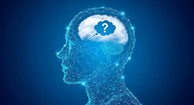 A digital human head silhouette with a wireframe, brain cloud, and a question mark
