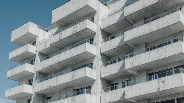 Modern high-rise apartment building with concrete balconies and clear blue sky