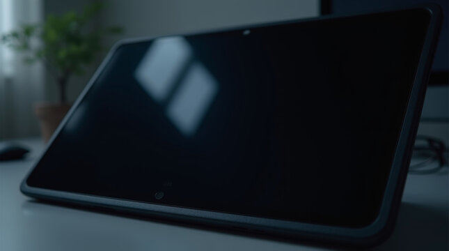 Blank digital tablet reflecting window light in dark room after power outage