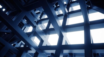 Obraz premium A dark blue architectural structure with many intersecting beams and bright windows