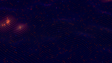 Top view on futuristic blue orange technology point wave with glowing data points. Digital AI cyberspace concept. Abstract digital wave with dots. Big data flow analysis. © garrykillian