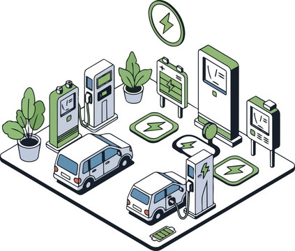 Sustainable Electric Vehicle EV Charging Station Isometric Illustration with Cars, Charging Points, and Green Energy Technology