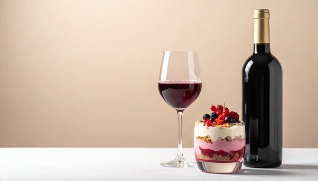 A visually appealing composition that seamlessly combines a vegetarian dessert, a tall bottle of red wine, and a glass filled with the rich-colored beverage.
