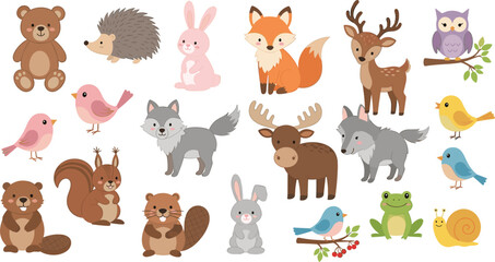 Comprehensive Woodland Animal Vector Collection Featuring Bear Fox Deer Moose Wolf Owl Squirrel Beaver Frog and Birds for Childrens Educational Book Illustrations © Mostrenu