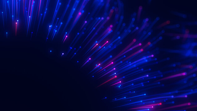 Closeup of Big data light speed flow outwards left corner. Abstract digital data stream of quantum computing. Cyberspace of qubit trail waves. Modern tech information transmission. Ai neural network