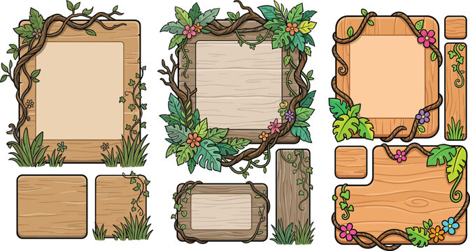 Jungle Wooden Frame Border Illustration Set with Tropical Leaves, Vines, Flowers and Rustic Panels Decorative Cartoon Collection for Game UI and Creative Design