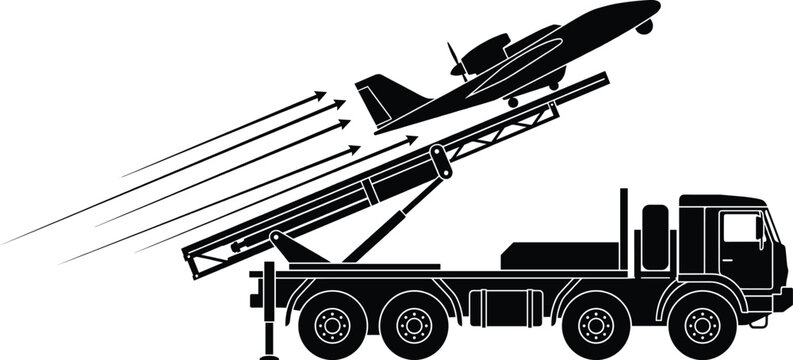 Black silhouette of a truck launching a missile or rocket, with motion lines, against a white background