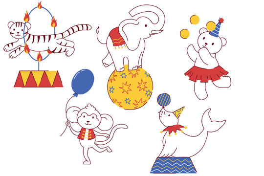 Cute circus animals performing tricks in a playful flat style. Perfect for kids designs, party themes, and entertainment illustrations.