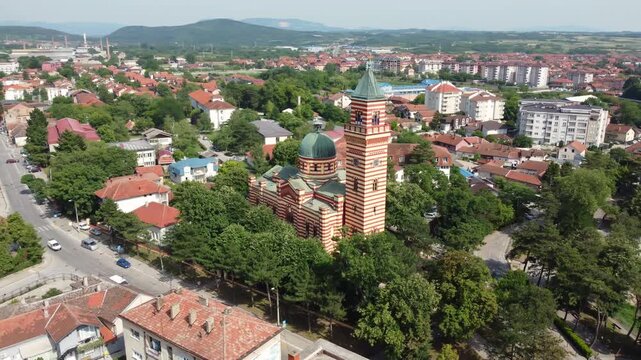 Rotating drone captures the Church of Holy Trinity the most recognizable landmark of Paracin in central Serbia.