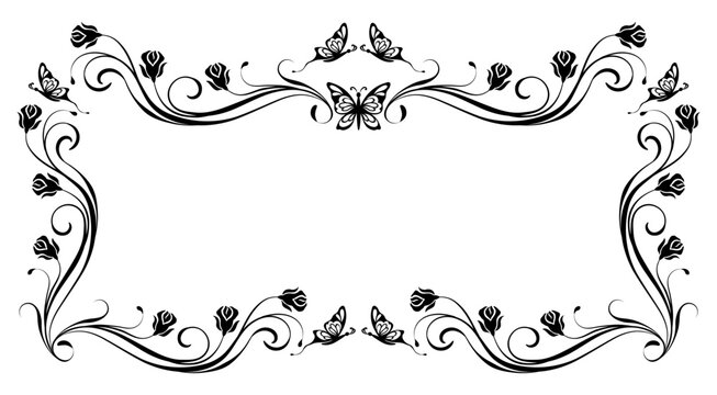 Floral ornament frame with butterflies and roses vintage decorative border. Graceful decorative element for decor and text greeting or invitation card design.