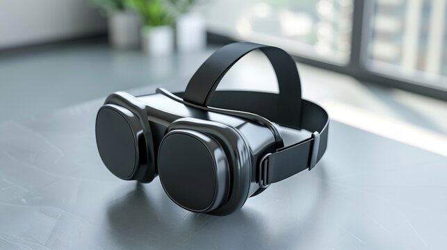 Sleek black virtual reality headset poised on a minimalist surface near a window